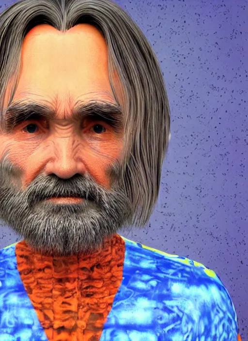 Image similar to 3 d render by alex grey depicting charles manson wearing a corn costume, 8 k, blender, wayne thiebaud brushstrokes