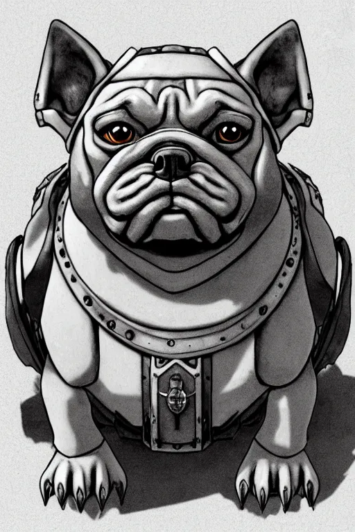 Image similar to a simple and atmospheric cell - shaded fantasy character concept art portrait of a robotic bulldog as a druidic warrior wizard looking at the camera with an intelligent gaze, very muted colors, by studio ghibli