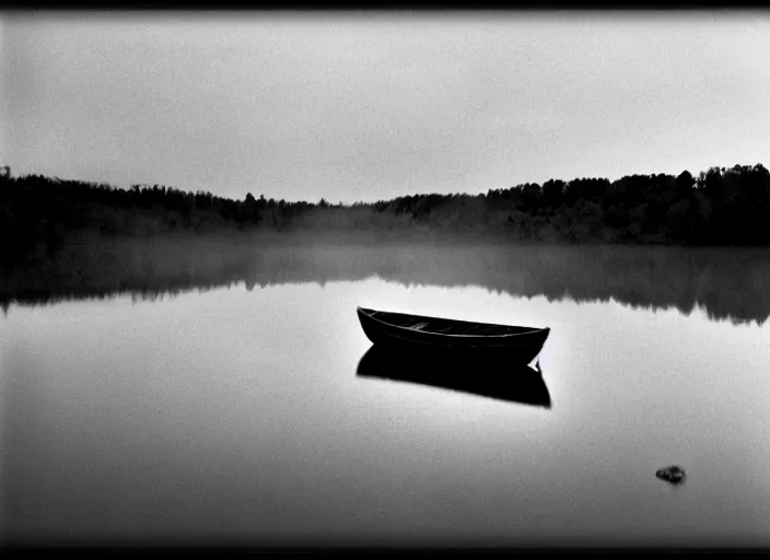 Image similar to lake by Andrei Tarkovsky, boat, mist, lomography photo effect, monochrome, noise grain film