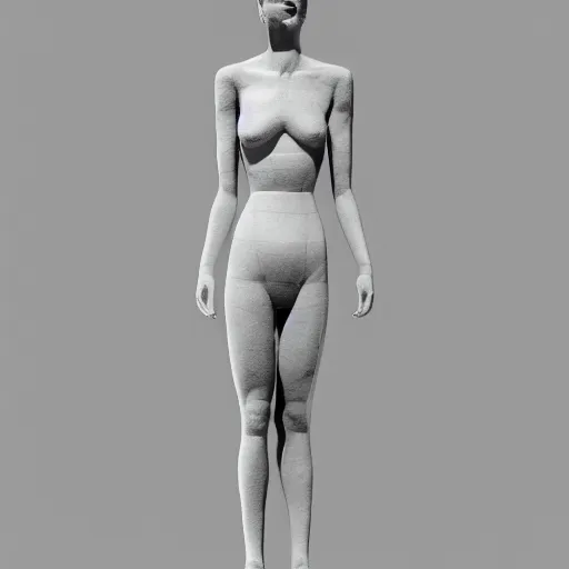 Image similar to 3 d render of a sculpture of a tall girl, no colors, white and black, plastic, 4 k, 8 k, hd,