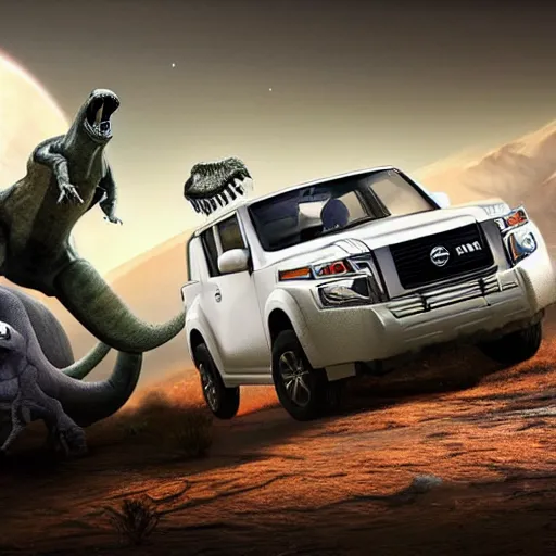 Prompt: a wide shot of a white Nissan Pao entering an alien planet's atmosphere with a t-rex wearing a spacesuit chasing it from above, high definition, 8k, hyper-realistic, highly detailed, octane render