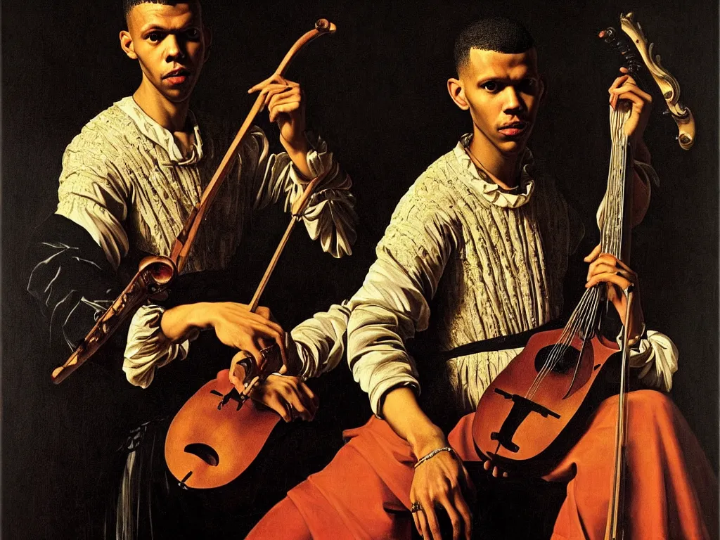 Image similar to a masterpiece portrait of stromae as a bard with a mandolin by caravaggio, epic composition, exquisite details, dark mood,