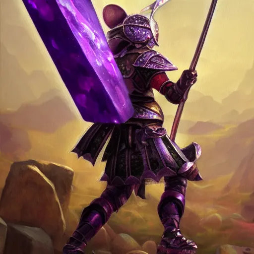 Prompt: reaching for a purple crystal, armored mouse sword warrior, trending on Artstation, award winning, Oil Painting, 8k scan