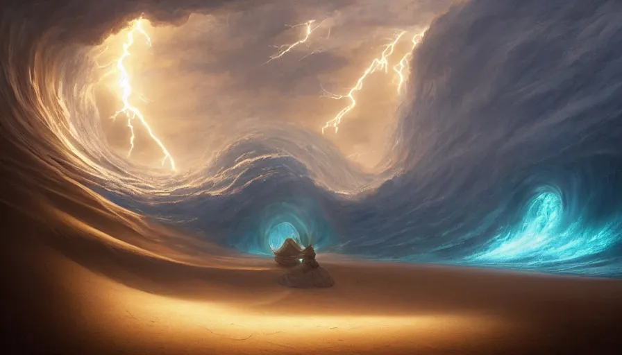 Prompt: a glowing magical portal inside a big wave made of sand fantasy desert, portal, a man watching over, lightning, arabia, by caspar david friedrich by james gilleard and justin gerard, artstation, smooth, sharp focus, by jean baptiste, octane render