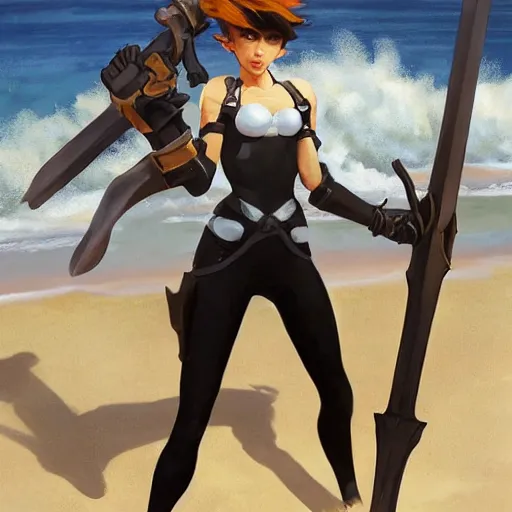 Image similar to greg manchess painting of tracer from overwatch as 2 b nier automata on the beach holding a sword, organic painting, sunny day, matte painting, bold shapes, detailed, detailed, face trending on artstation, artstationhd, artstationhq, hard edges, by huang guangjian and gil elvgren and sachin teng