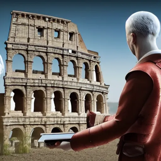 Image similar to man from the future bring ipad tablet to ancient rome and show the amazed people about the technology of the future. real, 4 k, cg, unreal engine