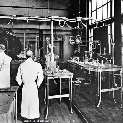 Image similar to and old victorian laboratory with lots of medical instruments, human heads in jars, one head is alive and looking at the camera