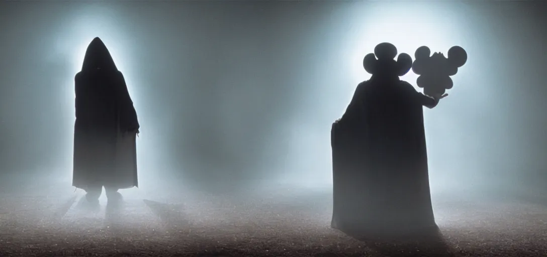 Image similar to prince of darkness as mickey mouse waking from his coffin, foggy, cinematic shot, photo still from movie by denis villeneuve, wayne barlowe