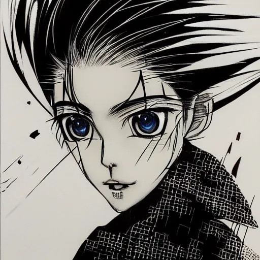 Image similar to Three quarter angle Yoshitaka Amano style portrait of an anime girl with short white hair and black eyes wearing tuxedo with patterns, abstract black and white background, film grain effect, highly detailed, oil painting, expressive brush strokes