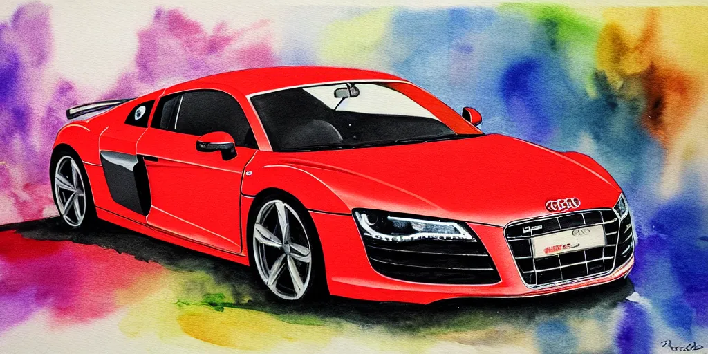 Image similar to audi r 8 water color painting, rtx, raytracing, 8 k, highly detailed, soft colors,