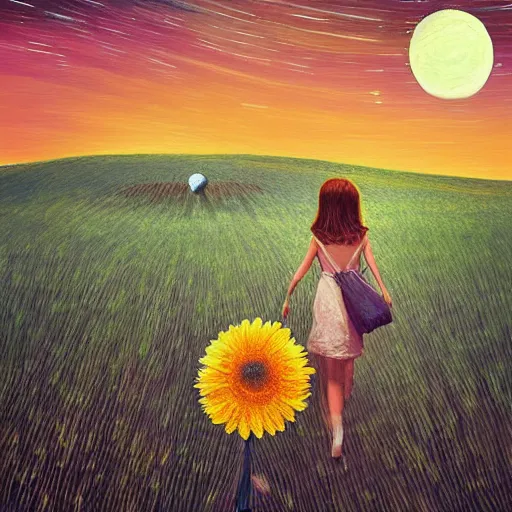 Image similar to giant daisy flower as a head, girl walking in wheat field, hills, surreal photography, moon light, dark night, star trails, dramatic light, impressionist painting, clouds, digital painting, artstation, simon stalenhag