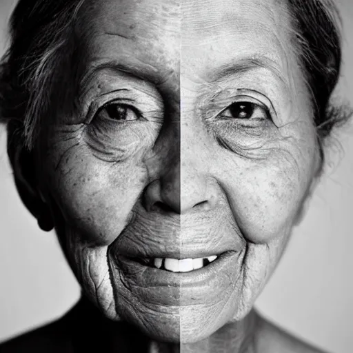 Image similar to a beautiful woman, half old and half young