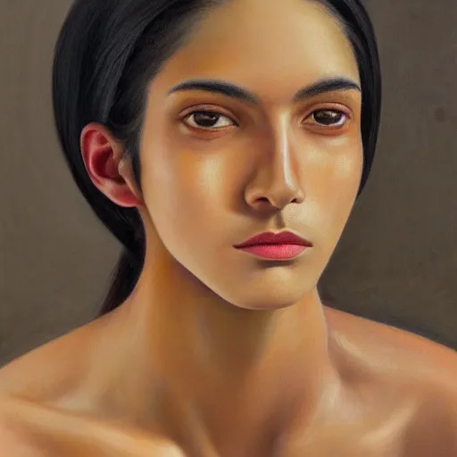 Image similar to A portrait of a thin trendy and gorgeous non-binary person, saturated skin tone, Mexican, oil painting, majestic, detailed, high resolution