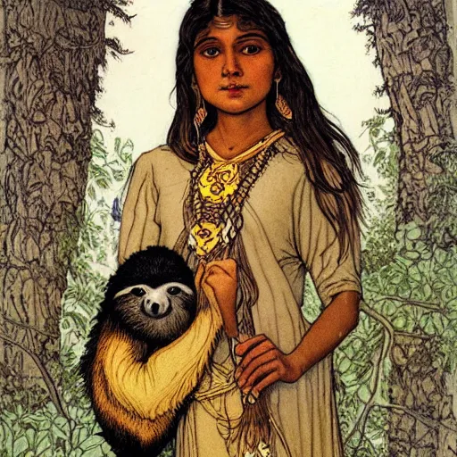 Image similar to a cottagecore beautiful young indian witch holding a cute sloth, highly detailed, masterpiece, illustrated, art by rebecca guay
