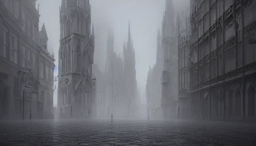 Image similar to empty streets od neo - gothic brussels in fog, wet ground, hyperdetailed, artstation, cgsociety, 8 k