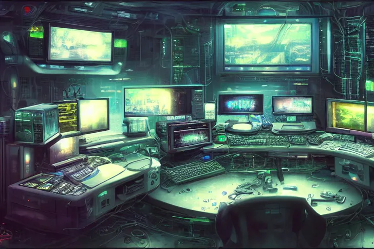 Image similar to a computer room filled with lots of monitors, cyberpunk art by chie yoshii, cgsociety, retrofuturism, greeble, dystopian art, circuitry