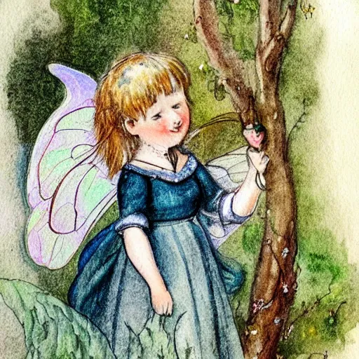 Prompt: water color and sketch illlustration of a fairy from a 19th century childrens fairy book in the 19th century childrens book style victorian story book fantasy fariies