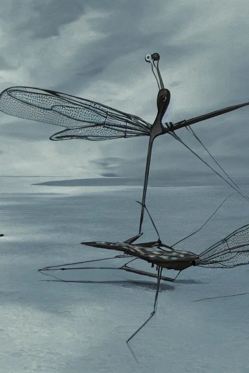 Image similar to a yves tanguy and oskar kokoschka 3 d render of a giant robotic dragonfly on a tiny island, 1 9 9 5 render