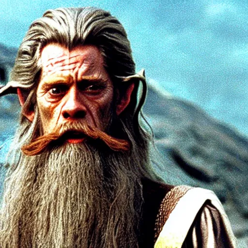 Prompt: bearded willem dafoe is gandalf in lord of the rings ( 2 0 0 1 ) movie still 3 5 mm