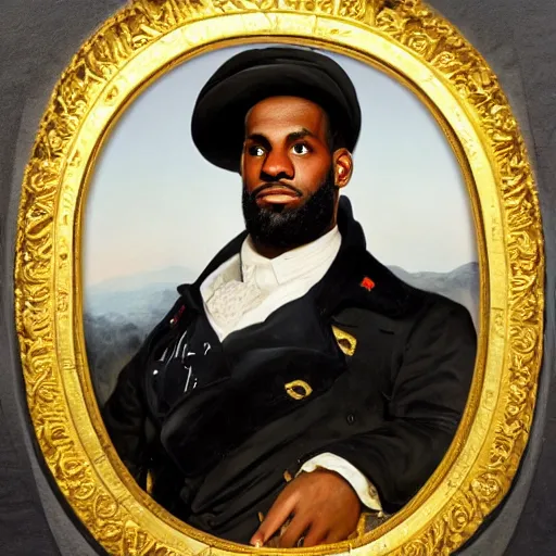 Image similar to a portrait of Lebron James, strong pose, highly detailed, in the style of Franz Xaver Winterhalter, highly detailed, in the style of Aetherpunk