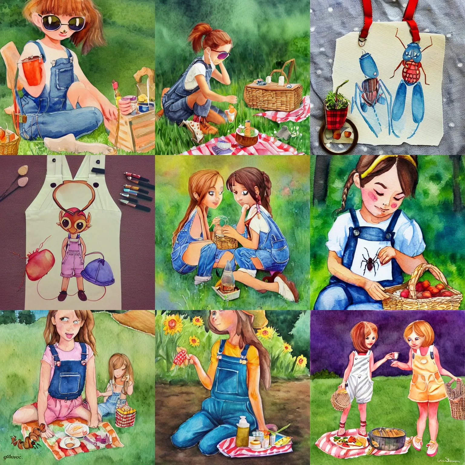 Prompt: wholesome anthro insect bug ant girl overalls picnic, cottagecore girlfriends, trending on pintrest, golden hour, watercolor