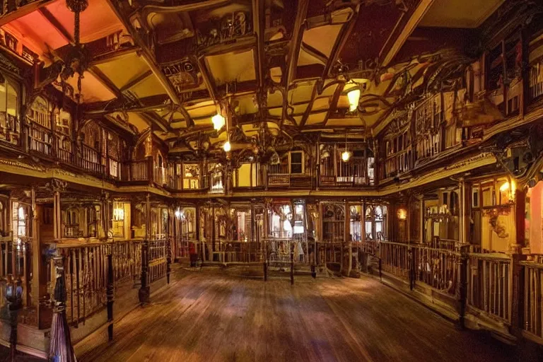 Image similar to full - color photo of the interior of the spooky winchester mystery house at night. the interior architecture and layout are illogical, surreal, bizarre, complicated, and labyrinthine. there is a faintly - visible victorian ghost lurking.