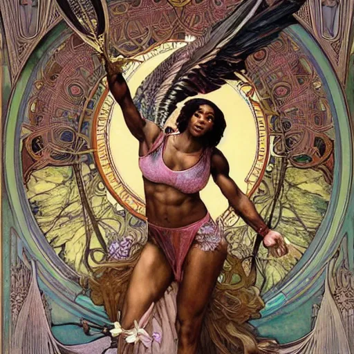 Prompt: realistic detailed portrait of Serena Williams as a Nike Goddess of Victory by Alphonse Mucha, large wings behind, Ayami Kojima, Amano, Charlie Bowater, Karol Bak, Greg Hildebrandt, Jean Delville, and Mark Brooks, Art Nouveau, Neo-Gothic, gothic, Tarot, Tarot card, swords, tarot swords, rich deep moody colors