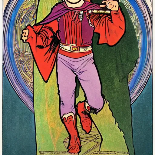 Image similar to a little boy with a mischievous face and short ginger hair. he is dressed as a knight. well composed, clean elegant painting, beautiful detailed face. colorful painting by steve ditko and jack kirby and alphonse mucha