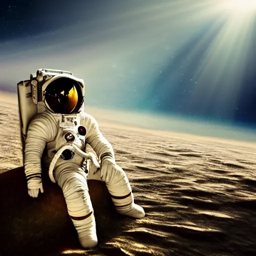 Image similar to an astronaut lounging in the beach, dramatic lighting, cinematic, extremly high detail, photorealistic, cinematic lighting, nasa footage