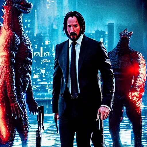 Image similar to A movie poster for the upcoming film 'John Wick 5: John Wick Fights Godzilla'(2022)