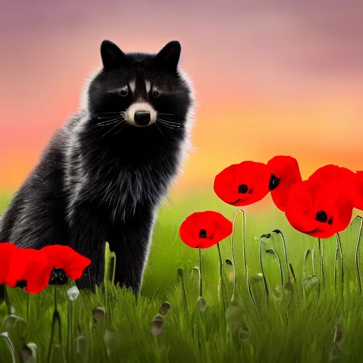 Image similar to a closeup photorealistic photograph of a two different black adult cats sitting on 4 paws next to big a black and white adult racoon in a field of poppy with a red sunset in the background. This 4K HD image is Trending on Artstation, featured on Behance, well-rendered, extra crisp, features intricate detail and the style of Unreal Engine.