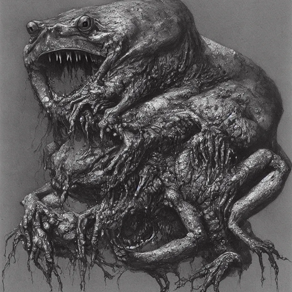 Image similar to horrifying bullfrog creature, fangs, necromorph, style of zdislaw beksinski