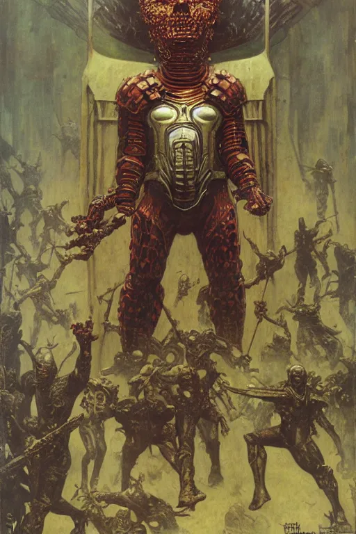 Prompt: full length portrait of giant dark evil armoured marvel supervillain, painted by lawrence alma tadema, zdzislaw beksinski, norman rockwell, jack kirby, tom lovell, alex malveda, greg staples