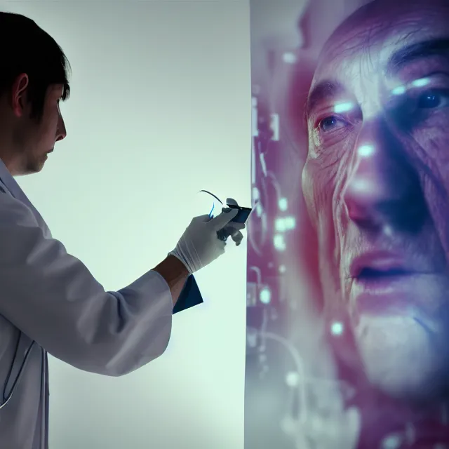 Image similar to temporal leakage temporal leakage movie poster, a photo of a doctor diagnosing a patient highly detailed, octane render by tomino sama