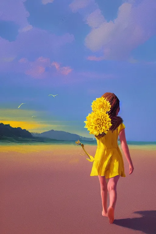 Image similar to closeup girl with huge yellow dahlia flower face, walking on beach, surreal photography, blue sky, sunrise, dramatic light, impressionist painting, digital painting, artstation, simon stalenhag