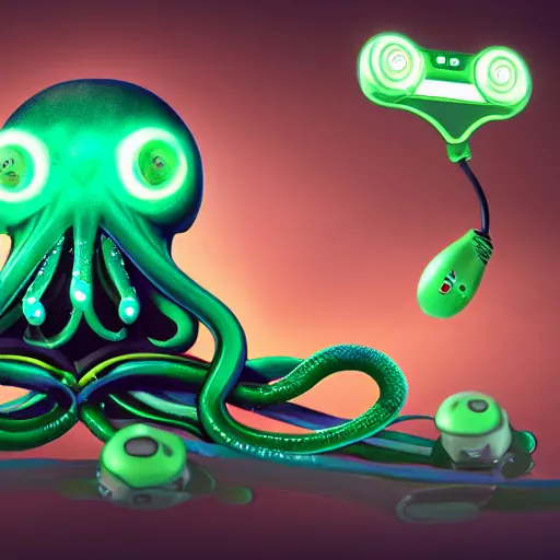Prompt: an acqua green little octopus playing videogames, with various joypads in his tentacles, he is wearing a pair of headphones, black background, digital drawing, photoshop, high definition, good shading, artstation contest winner, octane render