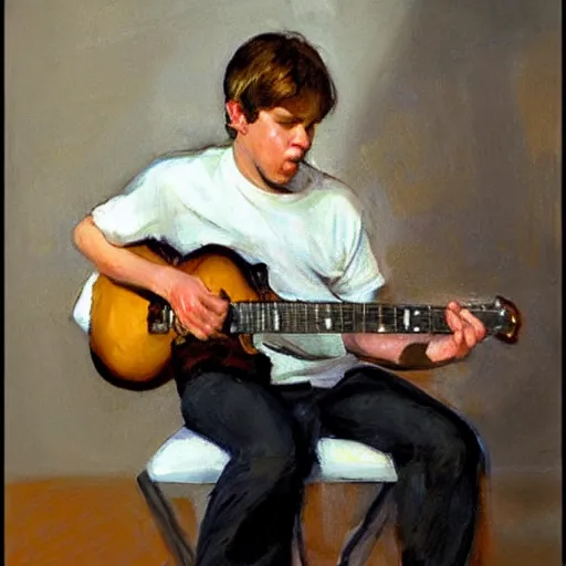 Image similar to a portrait of young james hetfield playing guitar, by gregory manchess and stanley lau