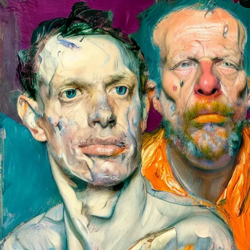 Prompt: high quality high detail expressionist painting of two men at a bar by nicola samori and lucian freud and jenny saville and norman rockwell and francis bacon and edvard munch, hd, anxiety, turquoise and purple and orange and pink