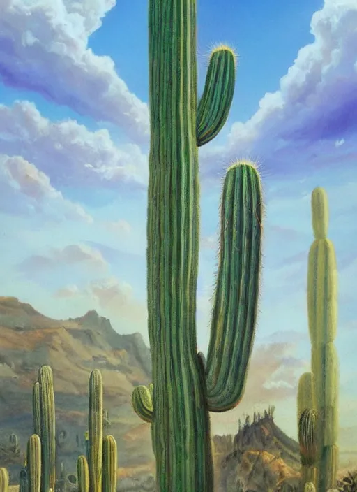 Prompt: a beautiful painting of the san pedro cactus with the face of an old indigenous man in the sky representing its spirit, fantasy art, matte painting