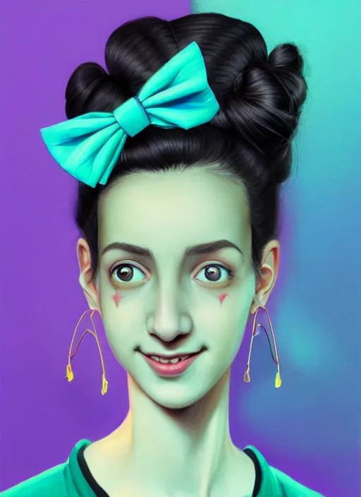 Image similar to portrait of high school girl, realistic, black hair, bangs, half updo hairstyle, pointy nose, skinny, smile, ugly, defined jawline, big chin, teal hair bow, earrings, intricate, elegant, glowing lights, highly detailed, digital painting, artstation, sharp focus, illustration, art by wlop, mars ravelo and greg rutkowski