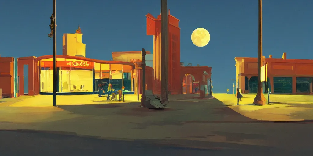 Image similar to incredible full page illustration, moon hitting earth, Edward Hopper and James Gilleard Zdzis