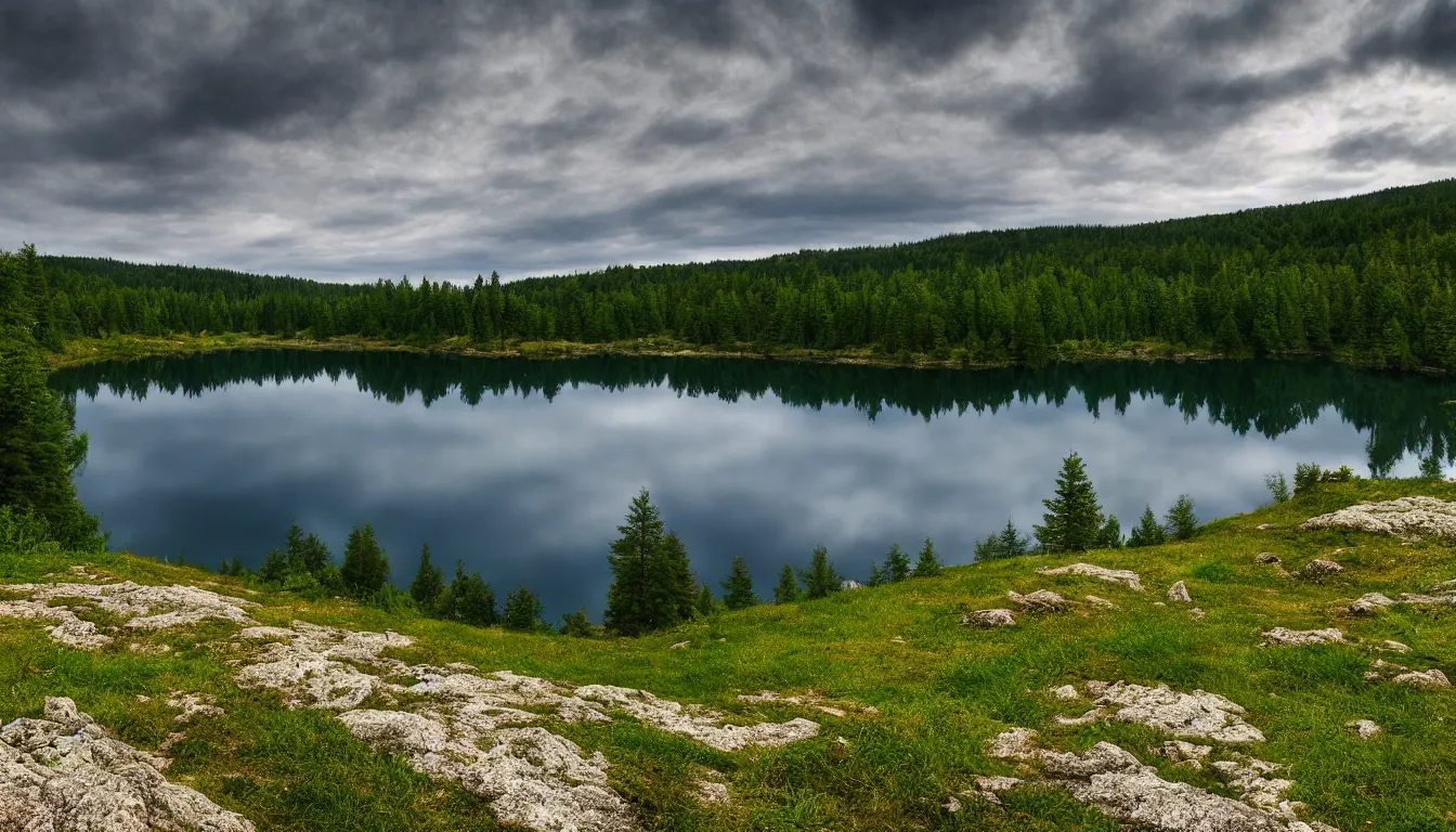 Image similar to eastern european, small lake view from hill shore, national park, nature, atmospheric, ambient vibe, very detailed, high resolution, 8 k