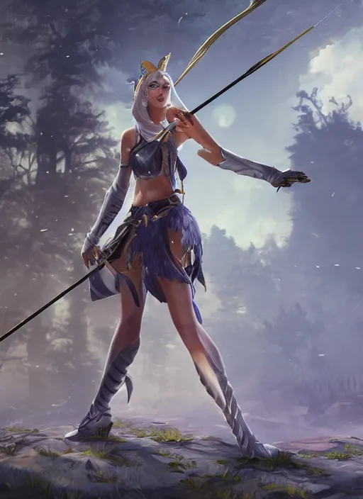 Image similar to ashe, from league of legends, shooting arrows with a silver bow, wearing fluffy skin, long skirt, hyper detailed, digital art, trending in artstation, cinematic lighting, studio quality, zoom in, smooth render, unreal engine 5 rendered, octane rendered, art style by klimt and nixeu and ian sprigger and wlop and krenz cushart