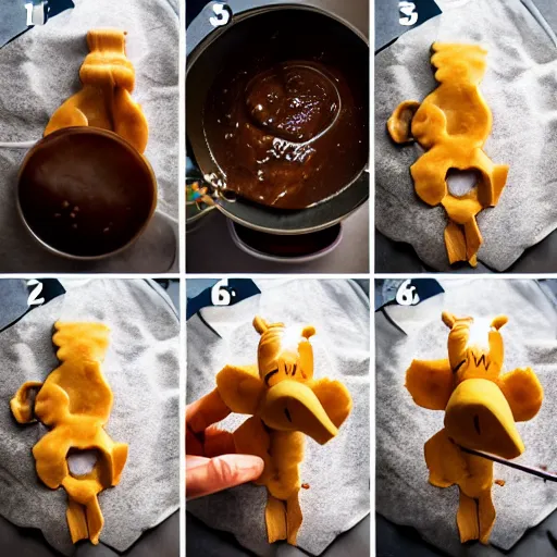 Image similar to making of an edible giraffe from noodles and soy sauce step by step, each step is a progression from the last, dslr