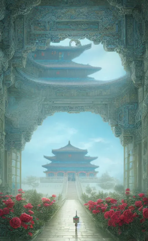 Prompt: vanishing point, palace covered with aqua blue roses like the forbidden city in distance at the red rose royal manor, viewed from afar, stephen bliss, misty, unreal engine, fantasy art by greg rutkowski, loish, ferdinand knab, and lois van rossdraws,, global illumination, radiant light, minimalist, detailed and intricate environment