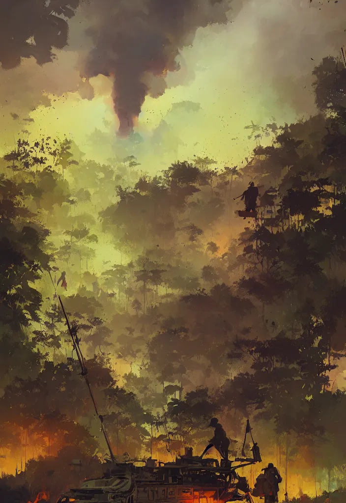 Prompt: ismail inceoglu painting of vietnam war scenary, year 1 9 7 0, jungle, fire smoke and explosions, painting, line art, art concept for a book cover, trending on artstation, by greg manchess and by craig mullins and by kilian eng and by jake parker