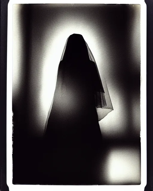 Image similar to photorealism, polaroid, black and white, woman's silhouette, black veil, impressionism