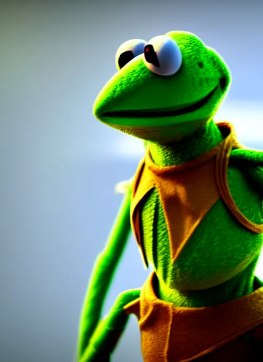 Prompt: kermit the frog in t - 4 5 power armor, fallour 4 ps 5 screen shot, octane render, cinematic lighting, sharp detail, 5 k