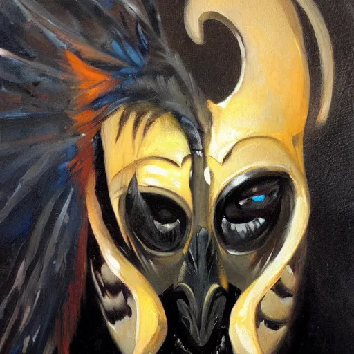 Image similar to detailed oil painting dark shaman wearing Raven mask by Phil hale