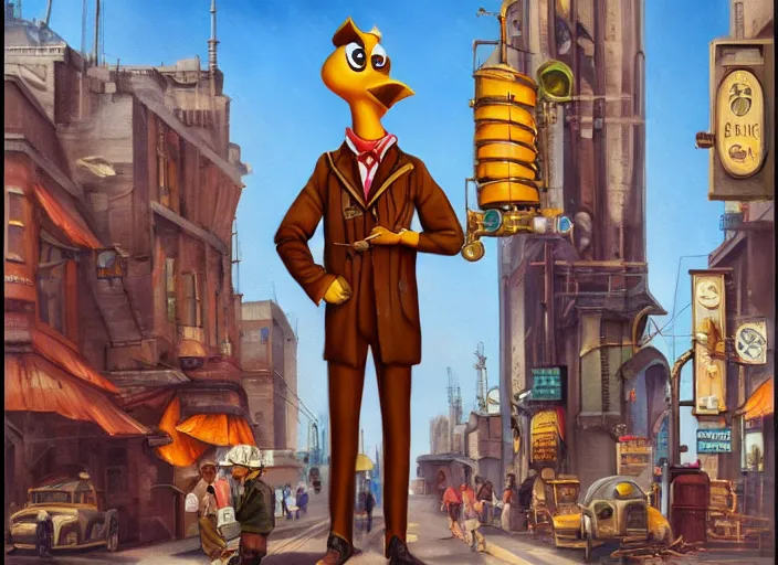 Prompt: painting of an anthropomorphic bird engineer standing on a busy steampunk city street. hd. 1 9 5 0 s oil painting style.